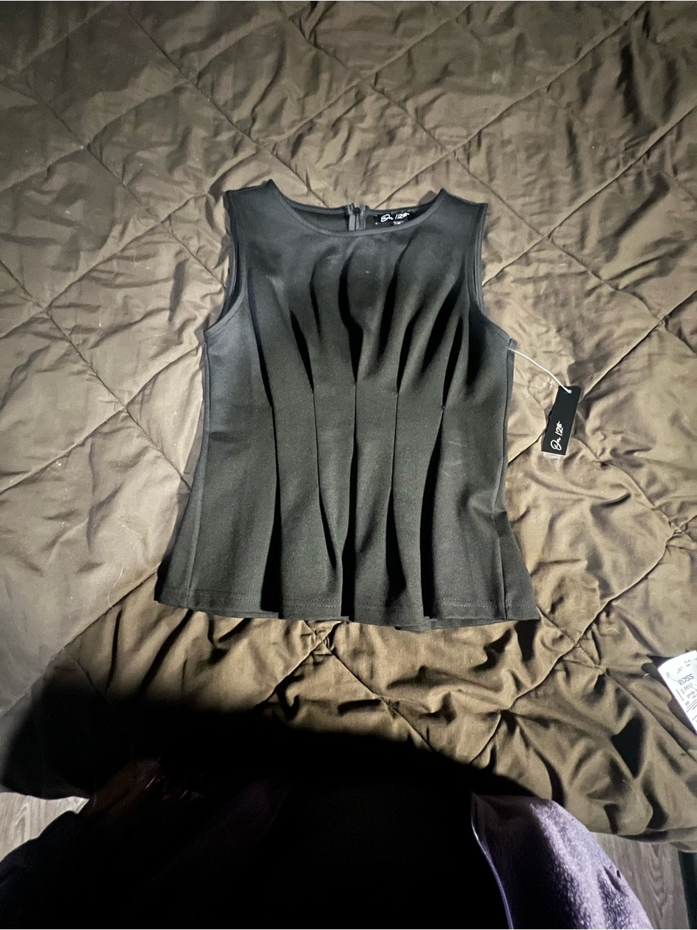 Black Sleeveless Pleated Shell Top -